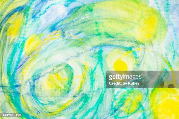 abstract painting formed by circles of green and yellow colours on a background of cold tones. - vingerverf stockfoto's en -beelden