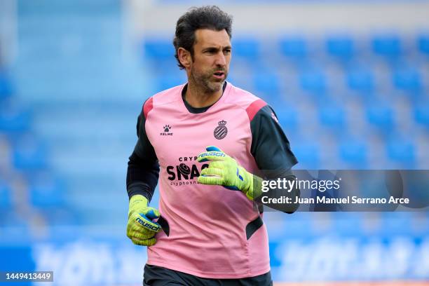 Diego Lopez of Espanyol warms up prior to the La Liga Santader match between Deportivo Alaves and RCD Espanyol at Estadio de Mendizorroza on May 11,...