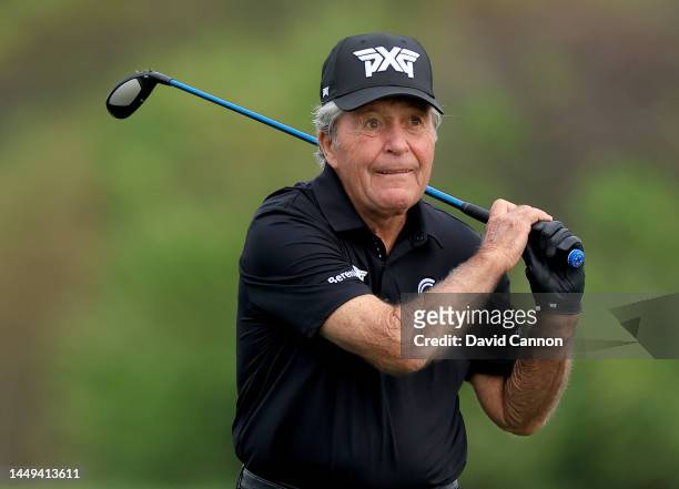 Gary Player of South frica plays a shot during the Thursday pro-am as a preview for the 2022 PNC Championship at The Ritz-Carlton Golf Club on...