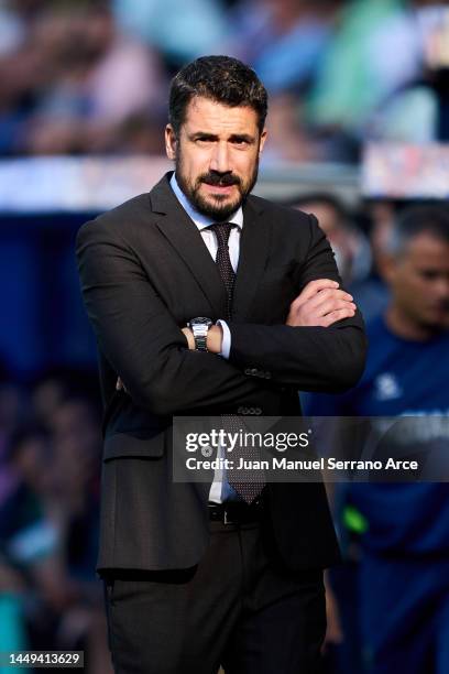 Julio Velazquez, Head Coach of Deportivo Alaves reacts during the La Liga Santader match between Deportivo Alaves and RCD Espanyol at Estadio de...