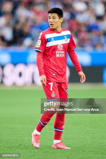 Wu Lei of Espanyol in action during the La Liga Santader match between Deportivo Alaves and RCD Espanyol at Estadio de Mendizorroza on May 11, 2022...