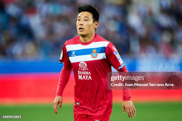 Wu Lei of Espanyol in action during the La Liga Santader match between Deportivo Alaves and RCD Espanyol at Estadio de Mendizorroza on May 11, 2022...