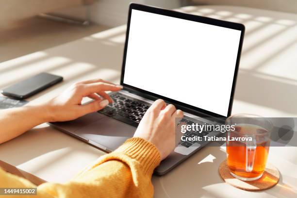 blank isolated laptop screen with copy space.  female hands in yellow cardigan typing. work place. view from behind the shoulder. internet surfing, online shopping concept - パソコン ストックフォトと画像