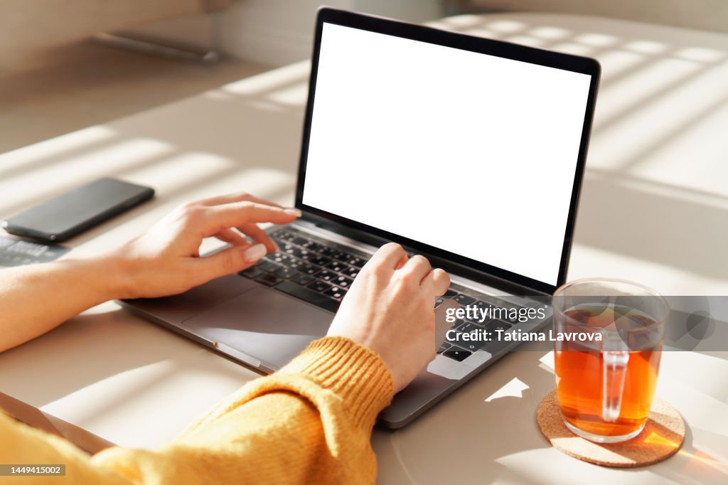 Blank isolated laptop screen with copy space. Female hands in yellow cardigan typing. Work place. View from behind the shoulder. Internet surfing, online shopping concept