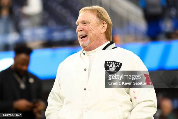 Owner and managing general partner Mark Davis of the Las Vegas Raiders smiles on the sidelines prior to an NFL football game against the Los Angeles...