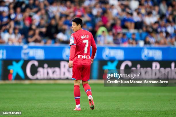 Wu Lei of Espanyol reacts during the La Liga Santader match between Deportivo Alaves and RCD Espanyol at Estadio de Mendizorroza on May 11, 2022 in...