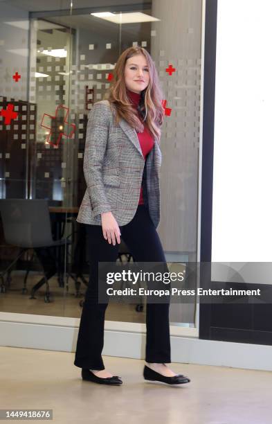 Princess Leonor de Borbon leaves the Spanish Red Cross headquarters where she attended the meeting with young volunteers and participants in Red...