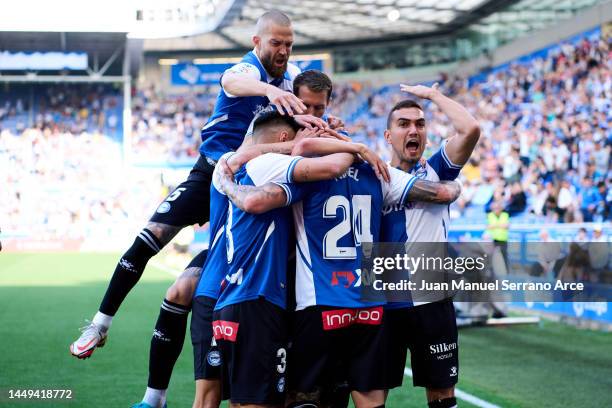 Miguel de la Fuente of Deportivo Alaves celebrates after scoring their side's first goal during the La Liga Santader match between Deportivo Alaves...