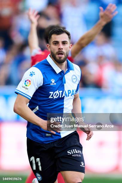 Luis Rioja of Deportivo Alaves reacts during the La Liga Santander match between Deportivo Alaves and RCD Espanyol at Estadio de Mendizorroza on May...