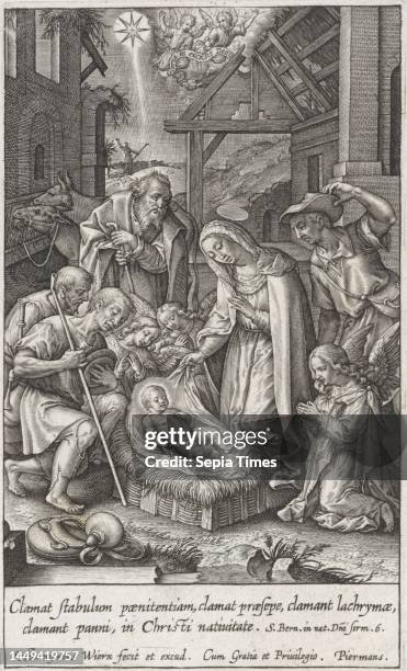 Mary shows the Christ child, next to her is Joseph. The shepherds and three angels gather in worship around the Child. From heaven the star shines on...