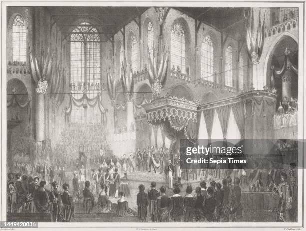 Inauguration of King William II in the Nieuwe Kerk, Amsterdam, 28 November 1840. The king standing before the throne takes the oath, Inauguration of...