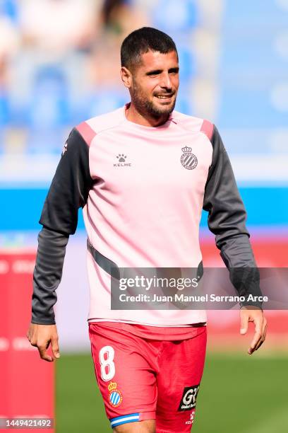 Fran Merida of Espanyol reacts during the La Liga Santander match between Deportivo Alaves and RCD Espanyol at Estadio de Mendizorroza on May 11,...