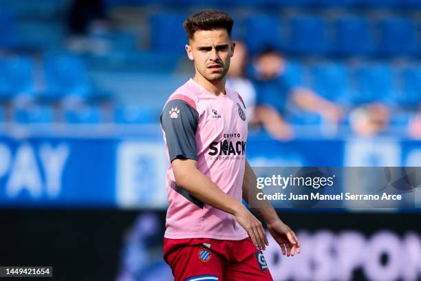 Oscar Melendo of Espanyol reacts during the La Liga Santander match between Deportivo Alaves and RCD Espanyol at Estadio de Mendizorroza on May 11,...