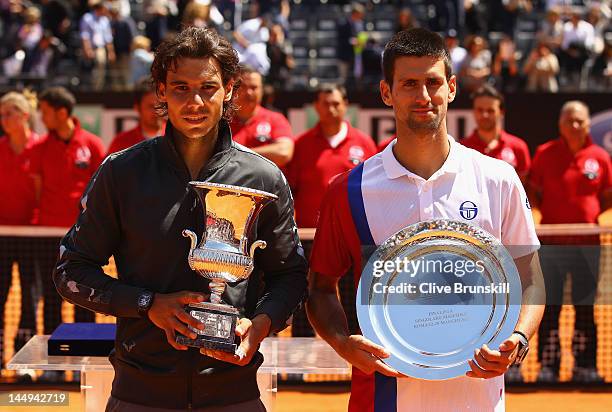 Rafael Nadal of Spain holds his winners trophy after defeating Novak Djokovic of Serbia in their final match during day ten of the Internazionali BNL...