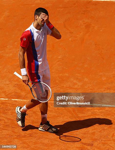 Novak Djokovic of Serbia shows his emotion against Rafael Nadal of Spain in their final match during day ten of the Internazionali BNL d'Italia 2012...