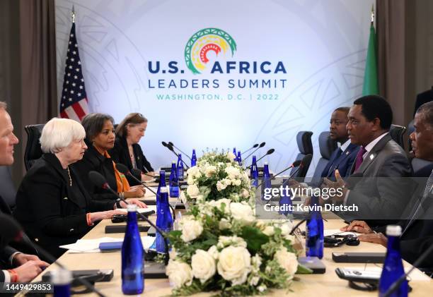 Treasury Secretary Janet Yellen meets with President of Zambia Hakainde Hichilema during the U.S. - Africa Leaders Summit on December 15, 2022 in...