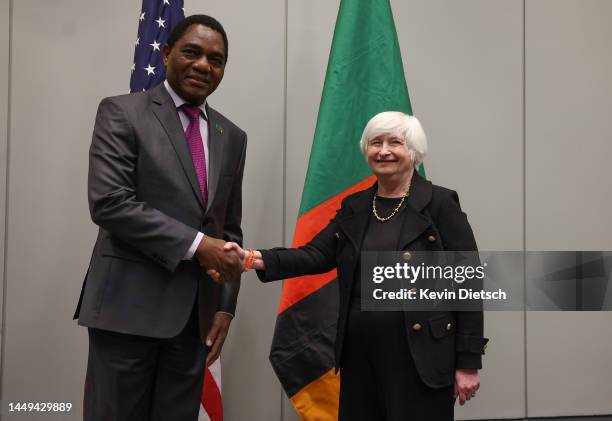 Treasury Secretary Janet Yellen meets with President of Zambia Hakainde Hichilema during the U.S. - Africa Leaders Summit on December 15, 2022 in...