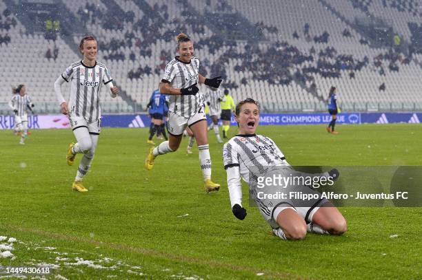 Cristiana Girelli of Juventus Women celebrates after scoring her team's third goal with teammates Barbara Bonansea and Arianna Caruso during the UEFA...