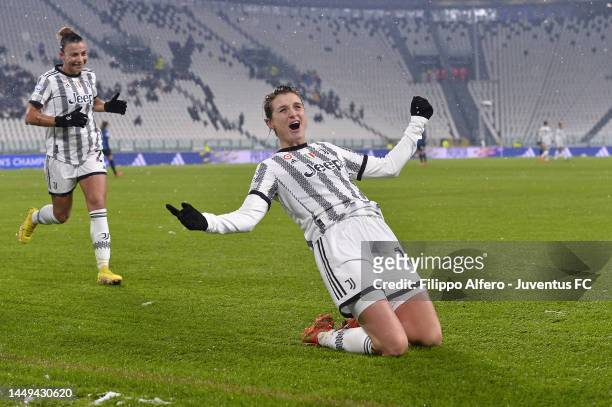 Cristiana Girelli of Juventus Women celebrates after scoring her team's third goal during the UEFA Women's Champions League group C match between...