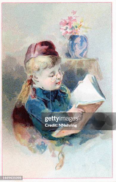 chromolithographie eines mädchens mit prinz nez-brille, das ein buch liest - mädchen sticken stock-grafiken, -clipart, -cartoons und -symbole