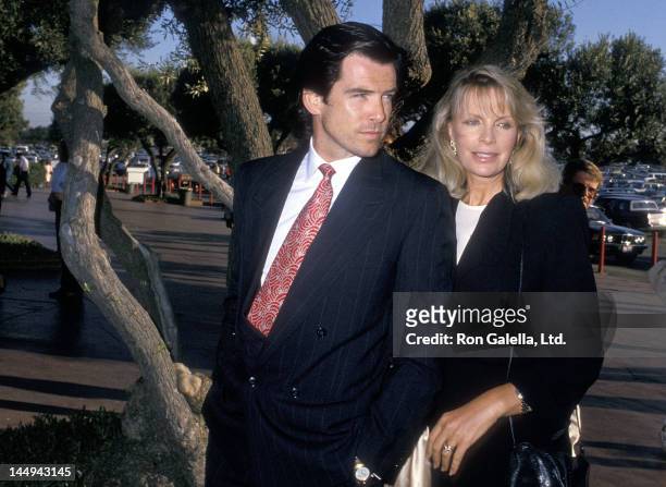 Actor Pierce Brosnan and wife Cassandra Harris attend the Hollywood Park's 50th Anniversary Celebration on June 10, 1988 at Hollywood Park Racetrack...