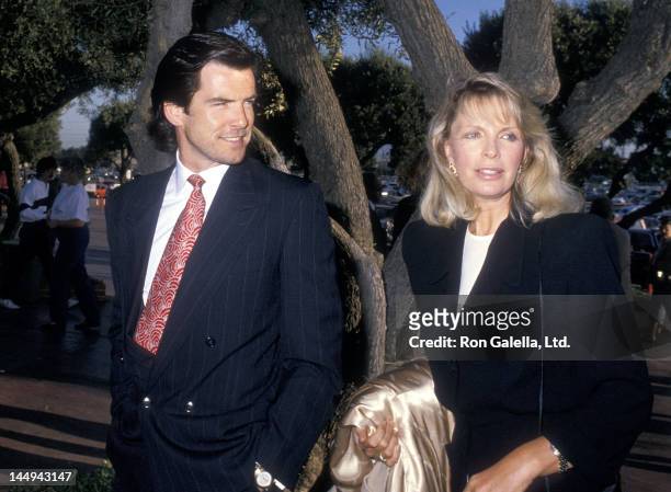 Actor Pierce Brosnan and wife Cassandra Harris attend the Hollywood Park's 50th Anniversary Celebration on June 10, 1988 at Hollywood Park Racetrack...