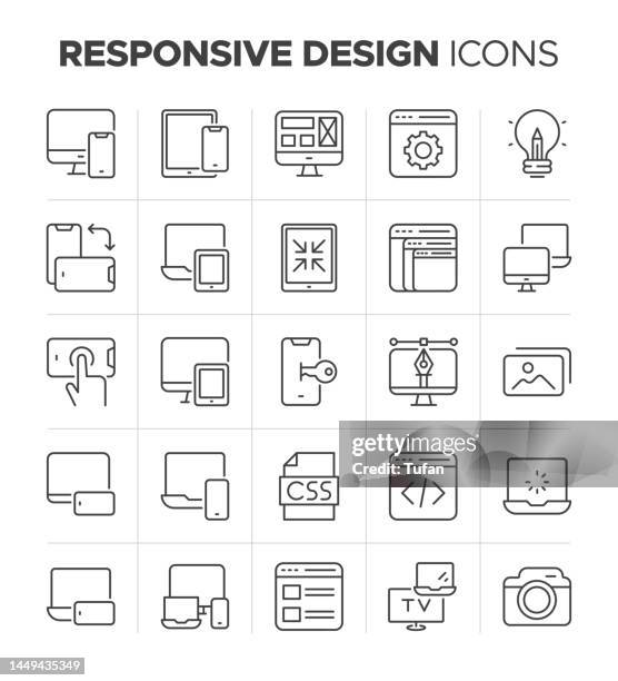 responsive design icon set - digitale, responsive und mobile design tools - cascading style sheets stock-grafiken, -clipart, -cartoons und -symbole
