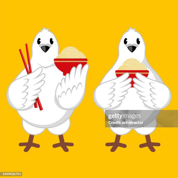 chinese dove. pigeon eats chinese noodles. pigeon dish. the dove is holding chinese chopsticks. - chinese noodles stock illustrations