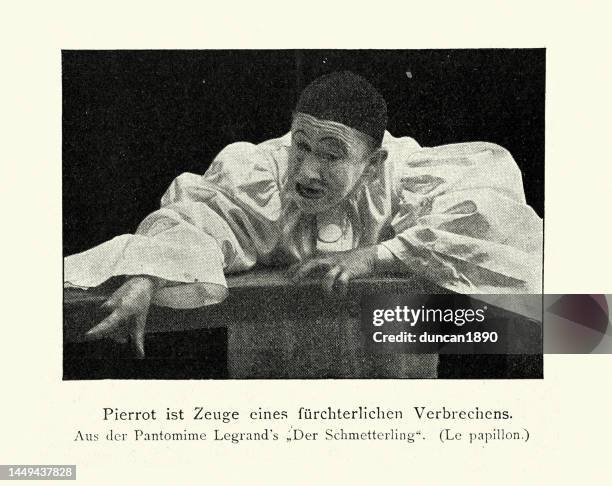 comic actor dressed as pierrot, a stock character of pantomime and commedia dell'arte - pierrot clown stock illustrations