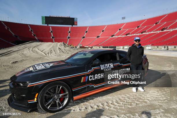 Driver Kyle Larson arrives for the groundbreaking ceremony ahead of the 2023 Busch Light Clash at The Coliseum at Los Angeles Memorial Coliseum on...