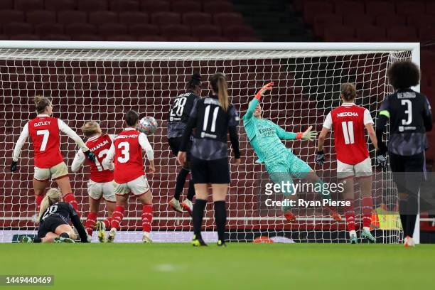 Melvine Malard of Lyon scores the opening goal of the game during the UEFA Women's Champions League group C match between Arsenal and Olympique Lyon...