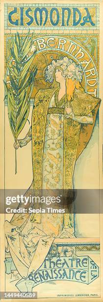 Imprimerie Lemercier, Alfons Mucha, Gismonda, paper, lithography, total: height: 213,00 cm; width: 75,00 cm, signed: u. Li. In print: Mucha, theater...