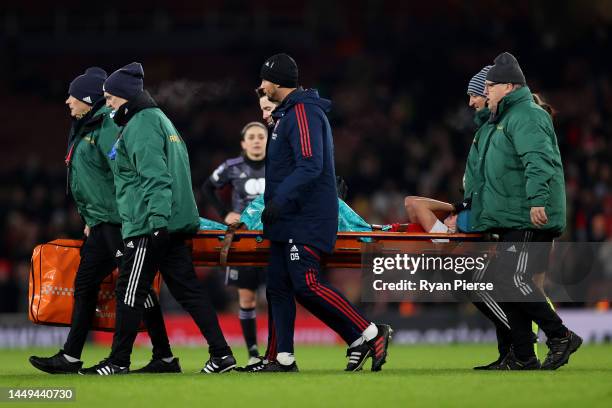 Vivianne Miedema of Arsenal is stretchered off after picking up a serious leg injury during the UEFA Women's Champions League group C match between...