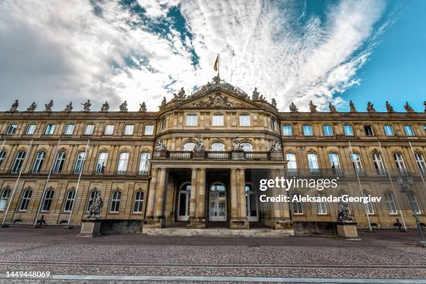 low angle view of front entrance of neues schloss in stuttgart, germany - stuttgart schloss stock pictures, royalty-free photos & images