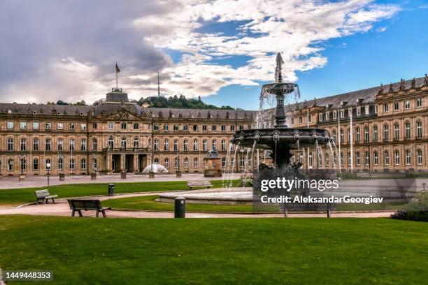 beautiful fountain and neues schloss at schlossplatz in stuttgart, germany - stuttgart stock pictures, royalty-free photos & images