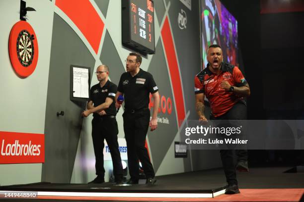 Grant Sampson of South Africa celebrates during the First Round match against Keane Barry of Ireland at Alexandra Palace on December 15, 2022 in...