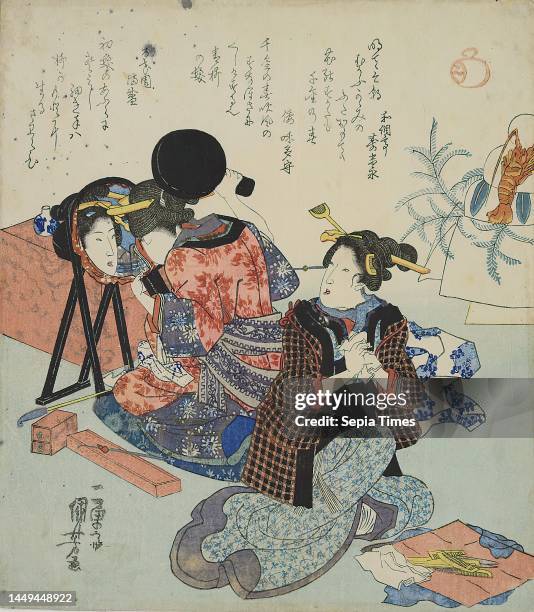 Utagawa Kuniyoshi, Two women by the hair toilet, color woodcut, blind embossing, total: height: 21,60 cm; width: 19,00 cm, signed: Ichiyūsai...
