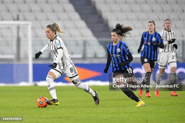 Martina Rosucci of Juventus Women is challenged by Leela Egli of Zurich during the UEFA Women's Champions League group C match between Juventus and...