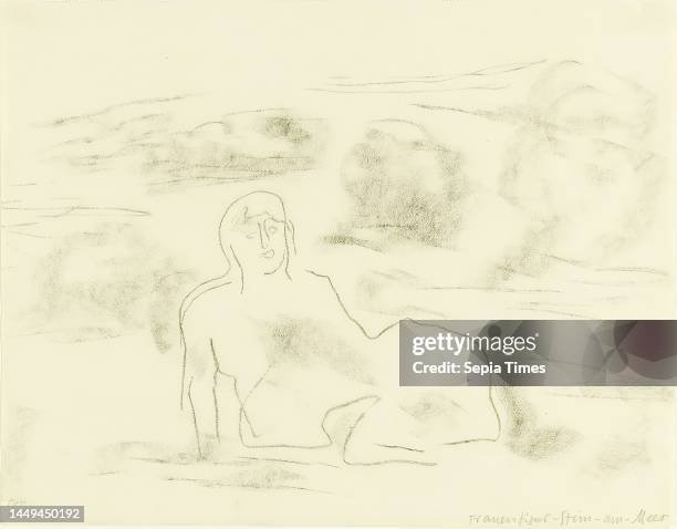 Gustav Heinrich Wolff, female figure Stein am Meer, drawing paper, drawing charcoal, drawing, charcoal on drawing paper, total: height: 25.7 cm;...