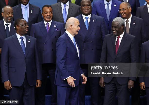 President Joe Biden talks to fellow leaders during the group photo at the U.S. - Africa Leaders Summit on December 15, 2022 in Washington, DC. The...