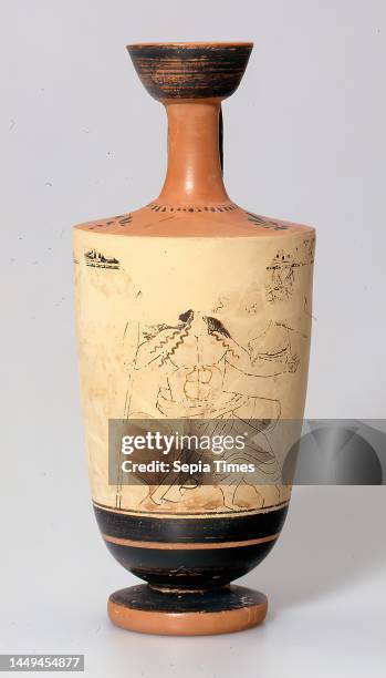 Lekythos , clay, quickly turned, painted , alternately fired, cold painting, clay, total: height: 17 cm; diameter: 7 cm; muzzle diameter: 3.7 cm;...