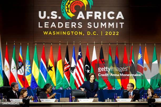 Vice President Kamala Harris arrives to speak at a working lunch at the U.S. - Africa Leaders Summit on December 15, 2022 in Washington, DC. The...