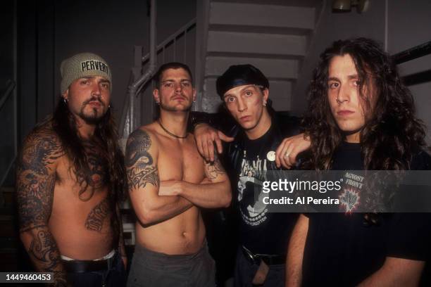 Hardcore band Biohazard appear in a portrait taken backstage during their "Urban Discipline" Tour at Roseland Ballroom on May 24, 1993 in New York...