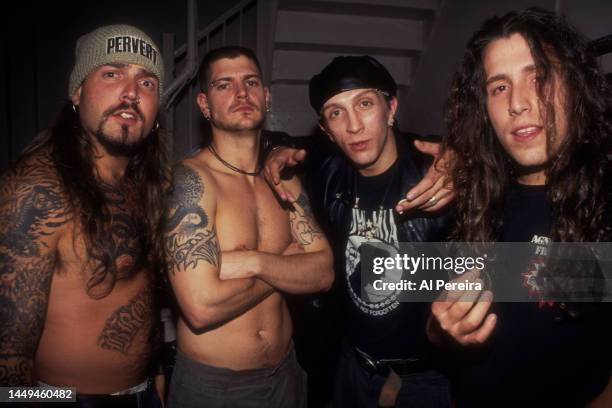 Hardcore band Biohazard appear in a portrait taken backstage during their "Urban Discipline" Tour at Roseland Ballroom on May 24, 1993 in New York...