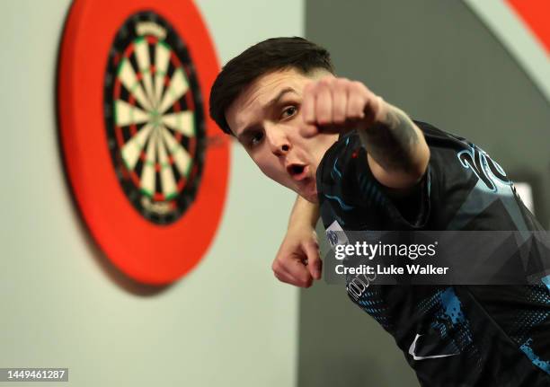 Nathan Rafferty of Northern Ireland \c during the First Round match against Jermaine Wattimena of Holland at Alexandra Palace on December 15, 2022 in...