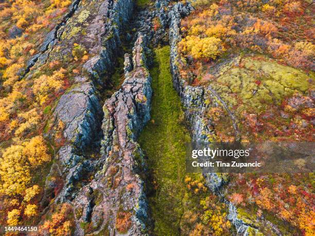 birdseye view of two tectonic plates meeting in thingvellir, iceland - nationaal park pingvellir stockfoto's en -beelden