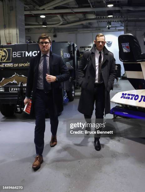 Kyle Dubas and Jason Spezza of the Toronto Maple Leafs arrive for the game against the New York Rangers at Madison Square Garden on December 15, 2022...