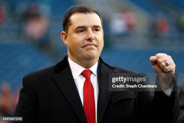 Owner Jed York of the San Francisco 49ers is seen on the field prior to a game against the Seattle Seahawks at Lumen Field on December 15, 2022 in...