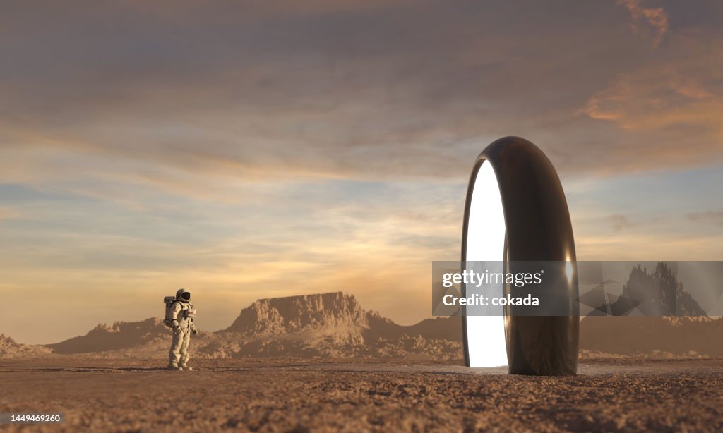 Astronaut in front of dimensional portal