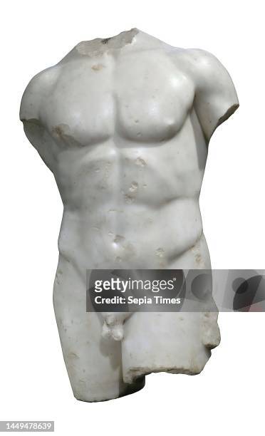 Male torso, marble, chiseled, drilled, marble, chiseled, Total: Height: 59,90 cm; Width: 38,40 cm, sculptures, standing figure, contrapost, upper...